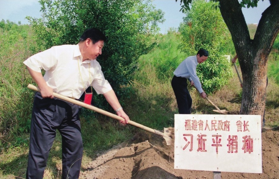 2001年10月，習(xí)近平在龍巖市長(zhǎng)汀縣調(diào)研水土流失治理工作，在河田世紀(jì)生態(tài)園為樹(shù)培土。圖源：《習(xí)近平在福建（下）》