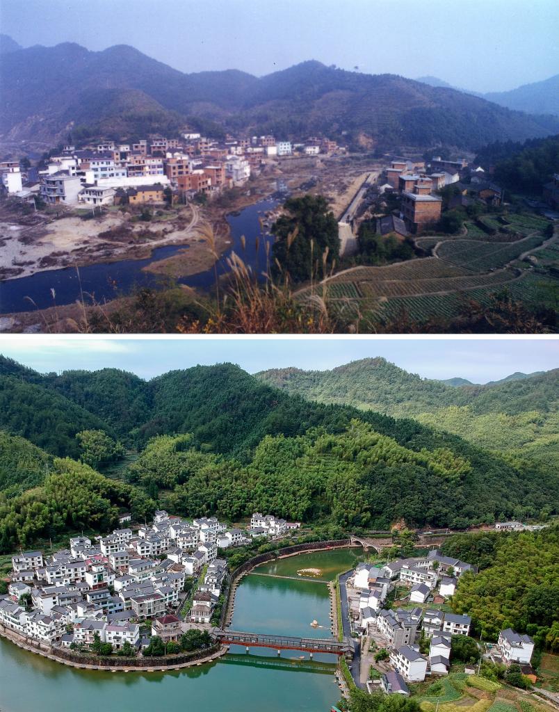 圖為浙江省杭州市淳安縣楓樹(shù)嶺鎮(zhèn)下姜村拼版圖，其中上圖為資料照片、下圖由新華社記者張鋮攝。